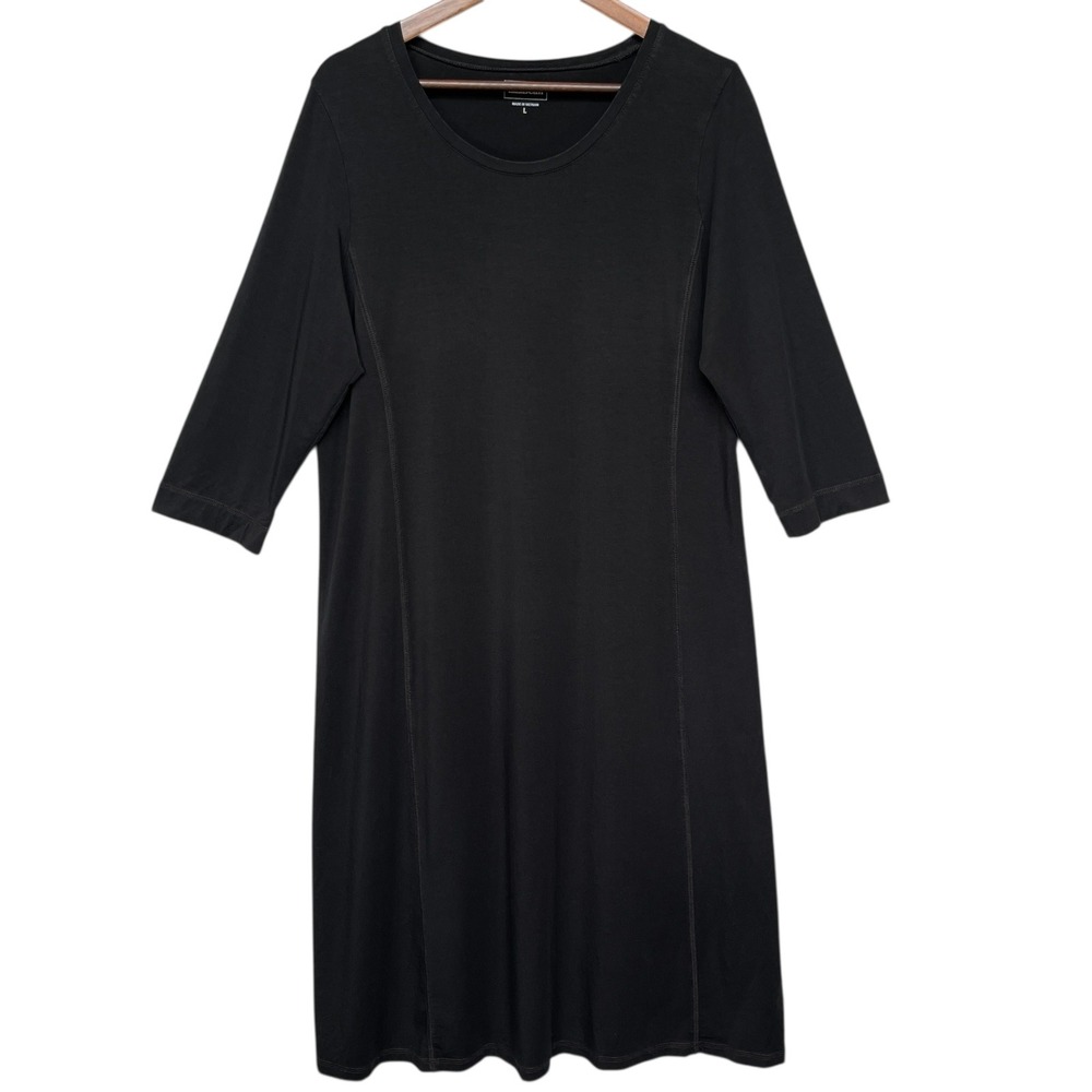 LL Bean Black Tencel Lyocell Blend 3/4 Sleeve A-Line Scoop Neck Dress L 272566